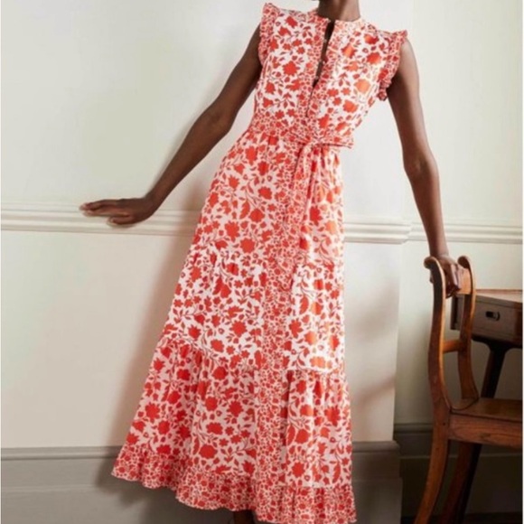 Boden Women’s Tiered Ruffle Maxi Dress Papaya, Botanic Silhouette size 2R - Picture 2 of 5